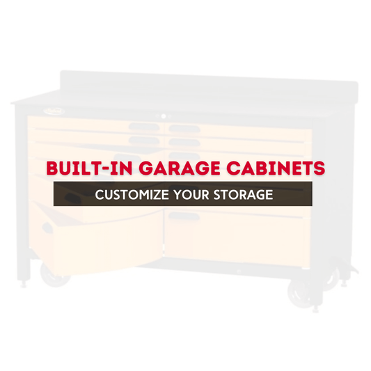Built-in garage cabinets with drawers on a black and yellow workbench, ideal for customized storage solutions.