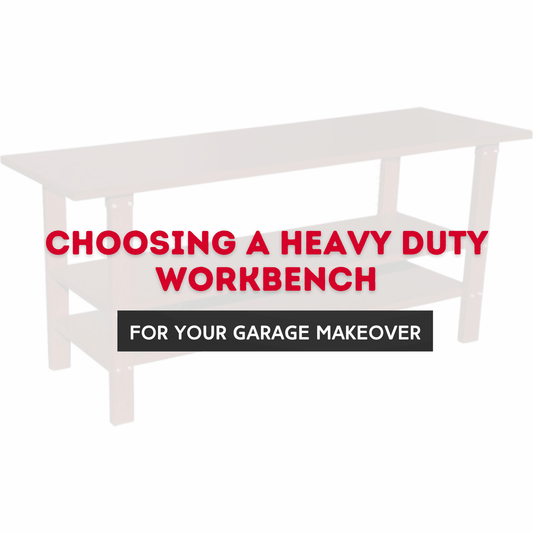 Heavy duty workbench for garage makeover with storage shelves, ideal for DIY and professional use.