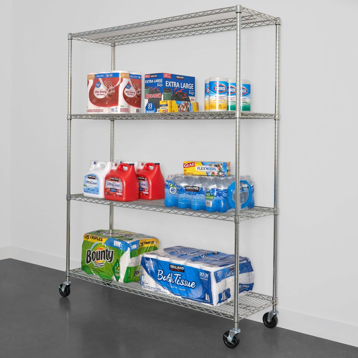 SafeRacks 18x48x72 4-tier wire rack displaying organized household supplies and tissue products.