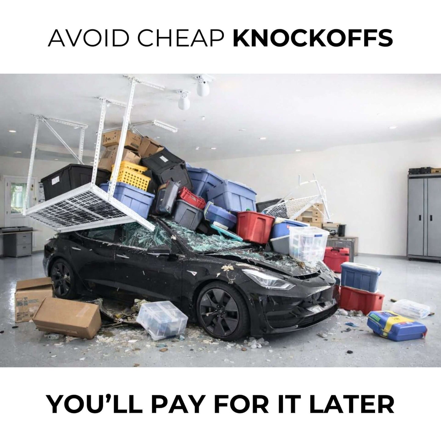 Image showing a car overwhelmed by clutter, illustrating the importance of quality storage solutions.