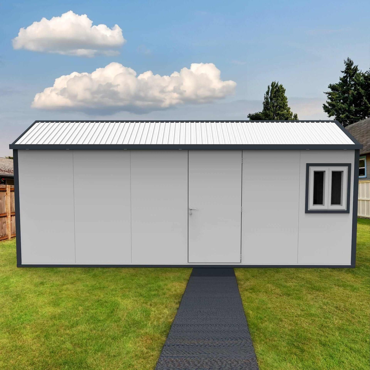 Duramax 19x10 gable roof insulated building with a door and window in a grassy yard.