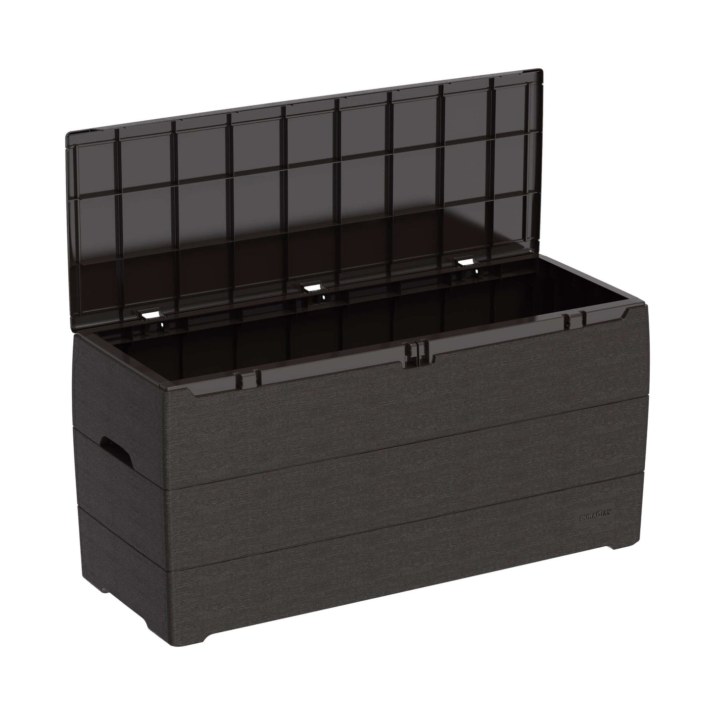 Duramax 71 Gallon Deck Box in brown with lid open, showcasing spacious storage for outdoor use.