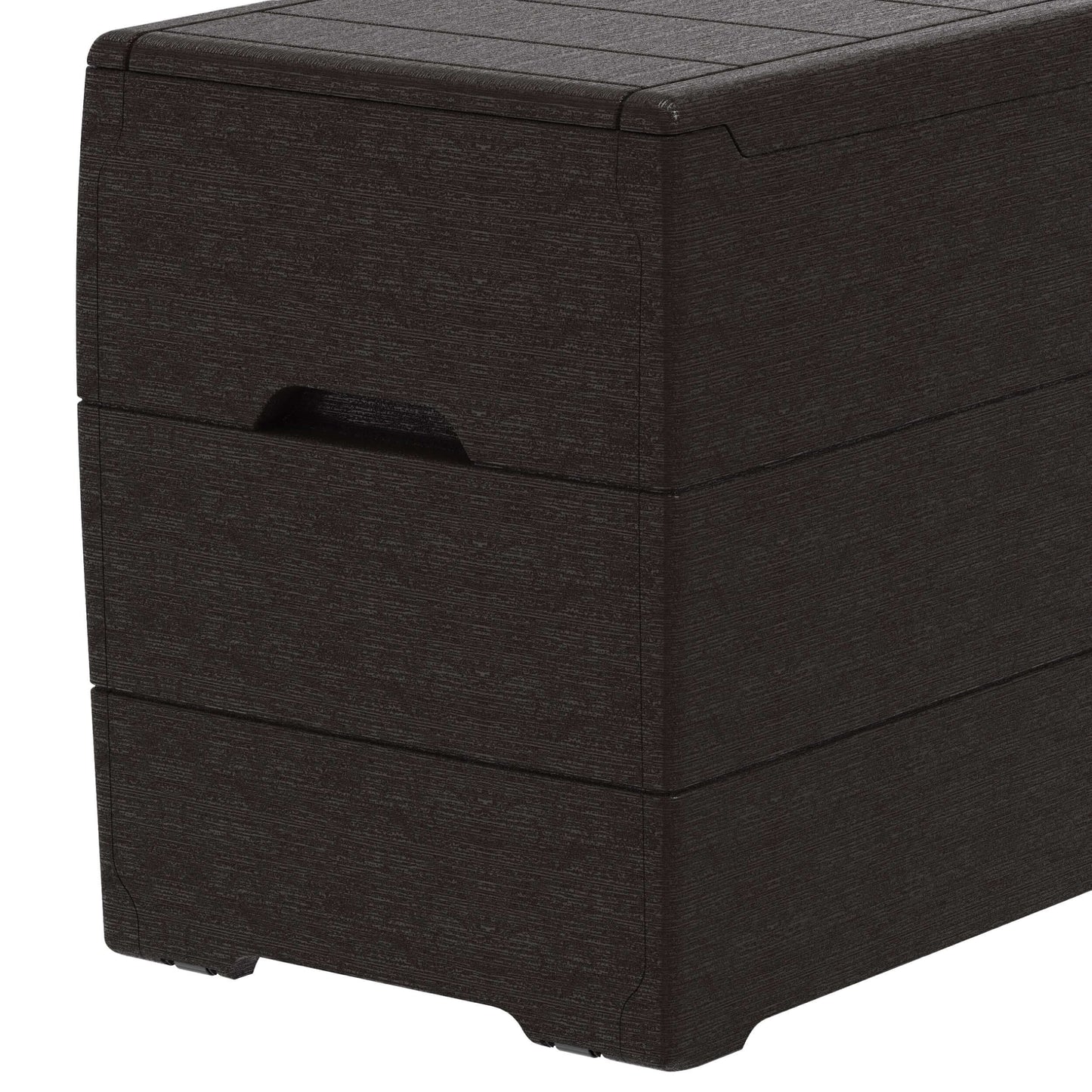 Duramax 71 Gallon Deck Box in brown, offering storage and stylish seating for outdoor spaces.