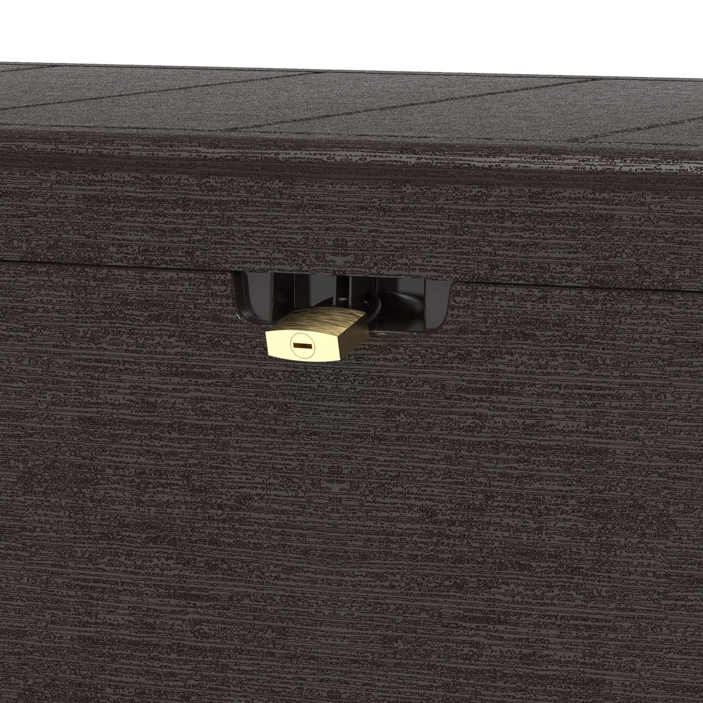 Close-up view of Duramax 71 Gallon Deck Box with a secure lock for added safety and storage protection.