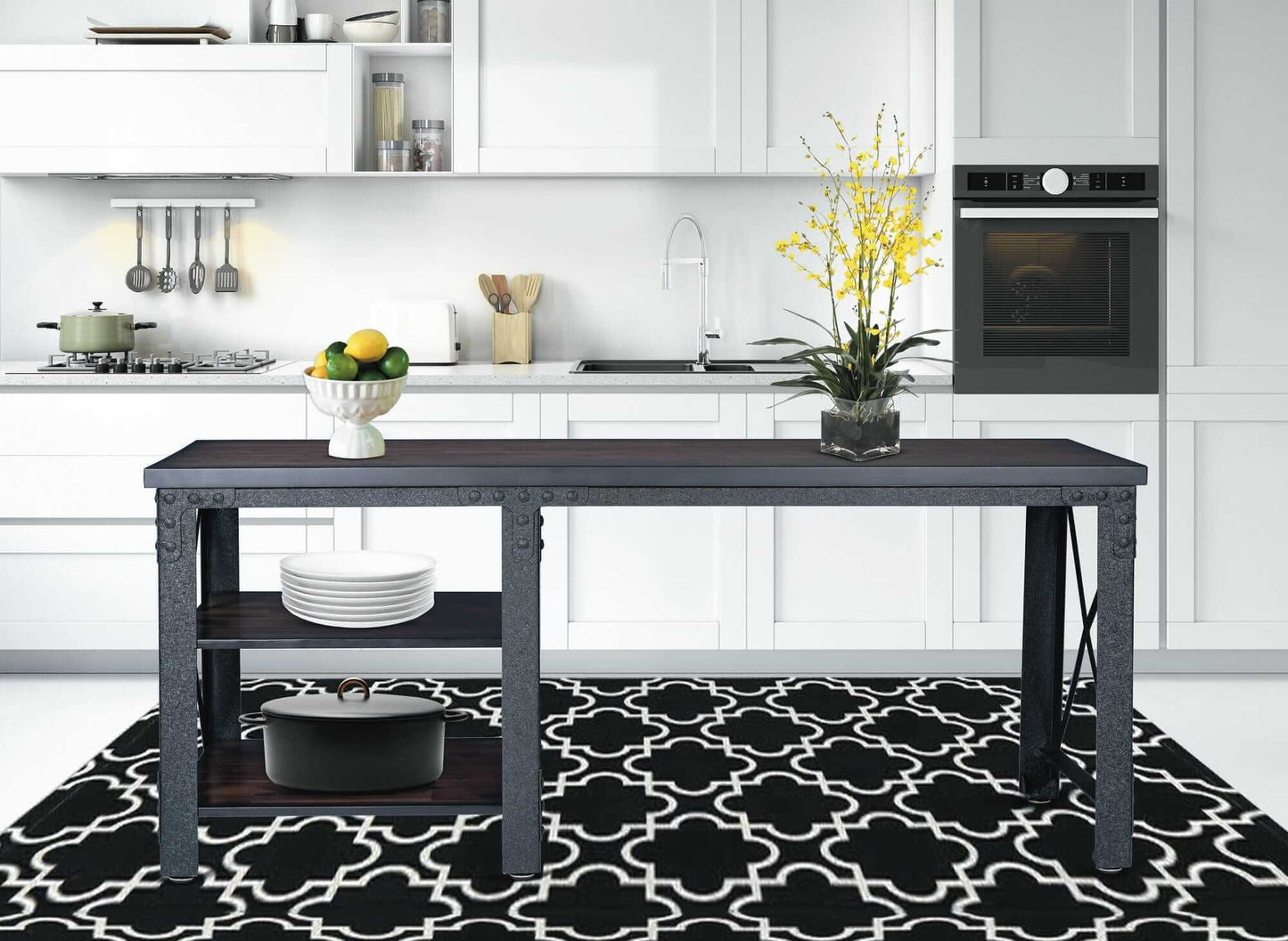 Duramax 72 In Weston Industrial Metal & Wood desk 68052 displayed in a modern kitchen setting with decor.