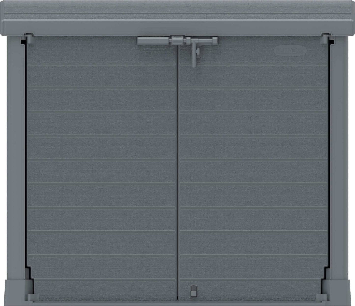 Duramax Storeaway Arc Lid 1200L gray shed with double doors and lock, ideal for outdoor storage of gardening tools and equipment.