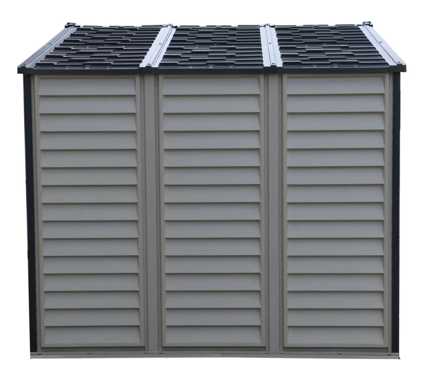 Duramax Vinyl Shed 10.5 x 8 Woodside Plus exterior view showcasing durable vinyl material and spacious design.