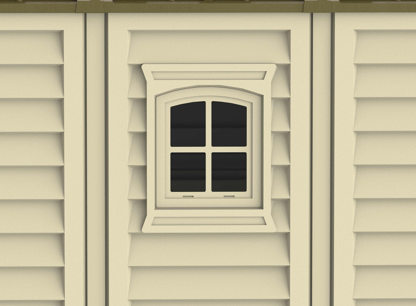 Duramax Vinyl Shed featuring a classic arched window design with grid pattern.