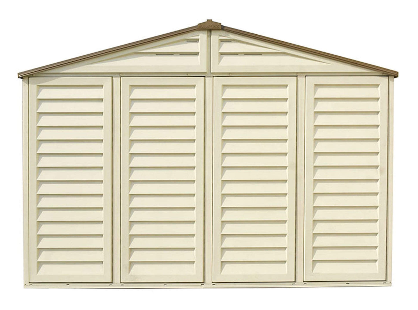 Duramax Vinyl Shed 10.5x10 Woodbridge Plus front view with slatted design and peaked roof.