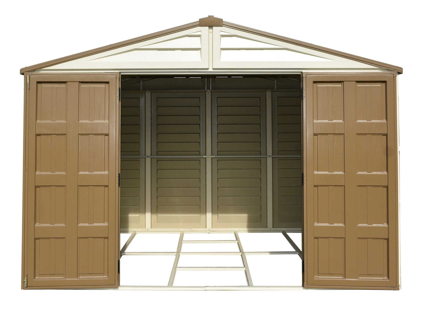 Duramax Vinyl Shed 10.5x10 Woodbridge Plus open view, showcasing double doors and spacious interior.