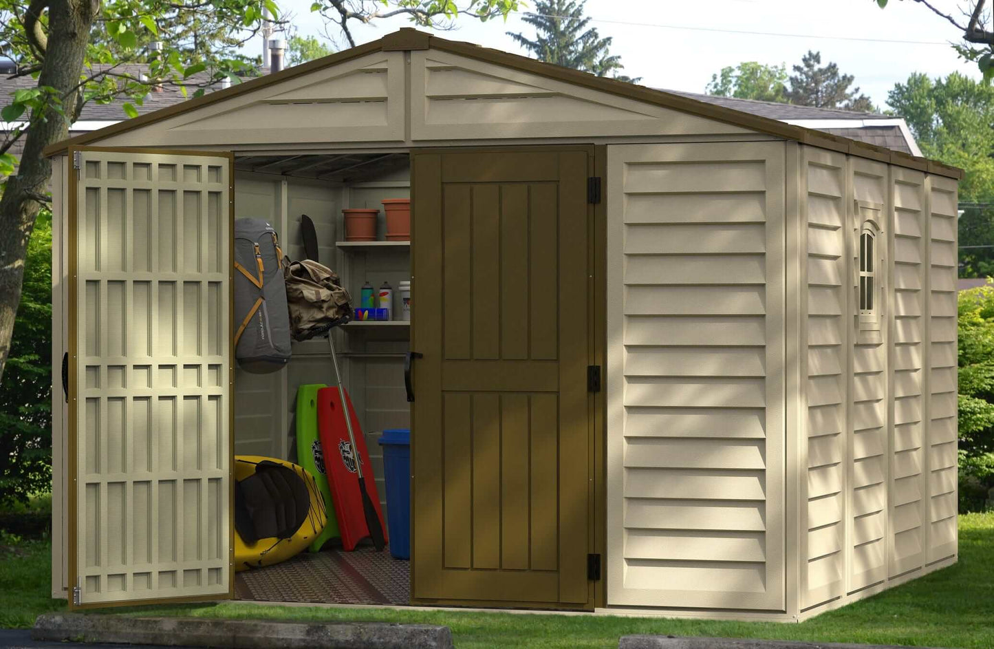 Duramax Vinyl Shed 10.5x10 Woodbridge Plus with open doors showcasing interior storage space and organization.
