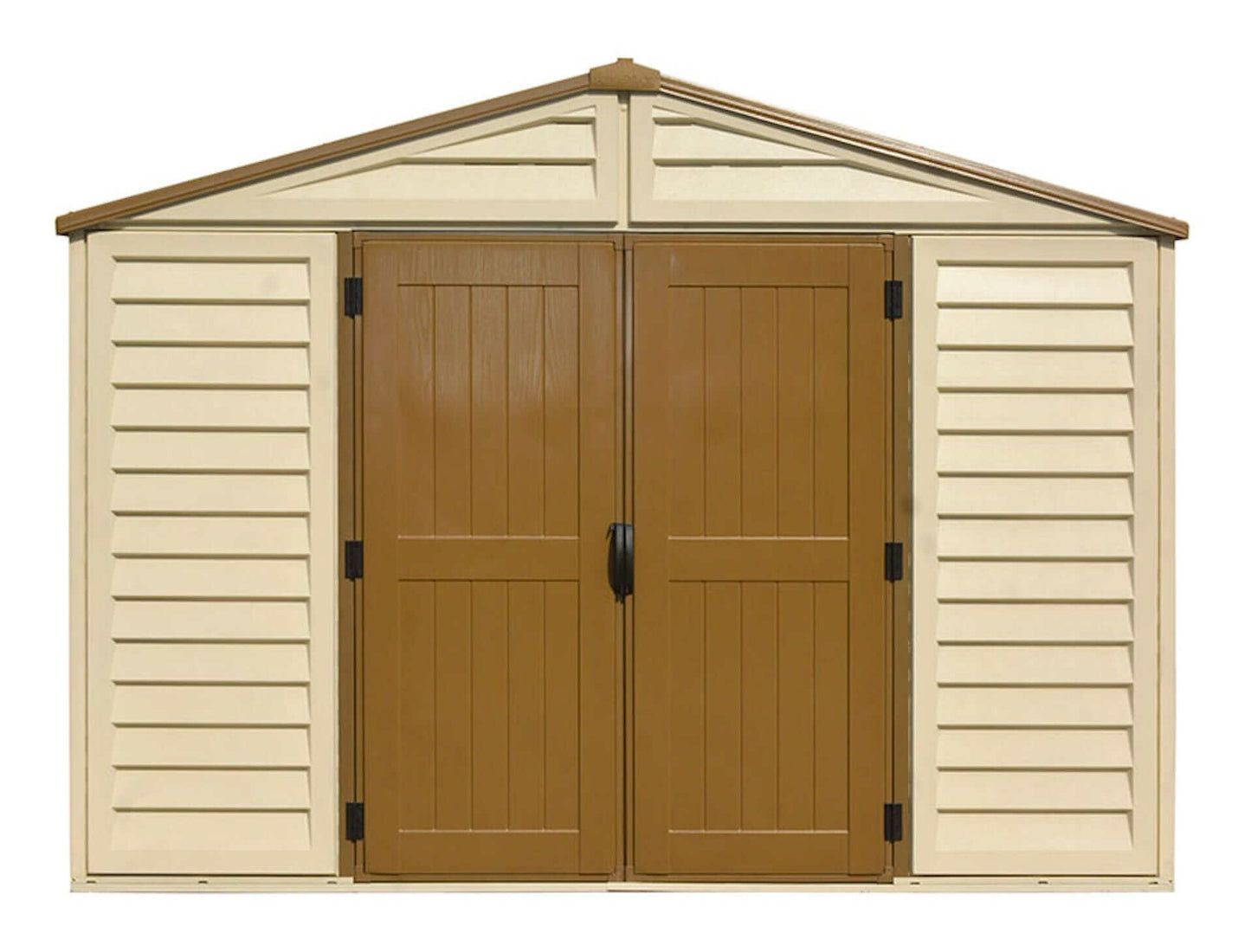 Duramax Vinyl Shed 10.5x10 Woodbridge Plus with double doors and slatted design.
