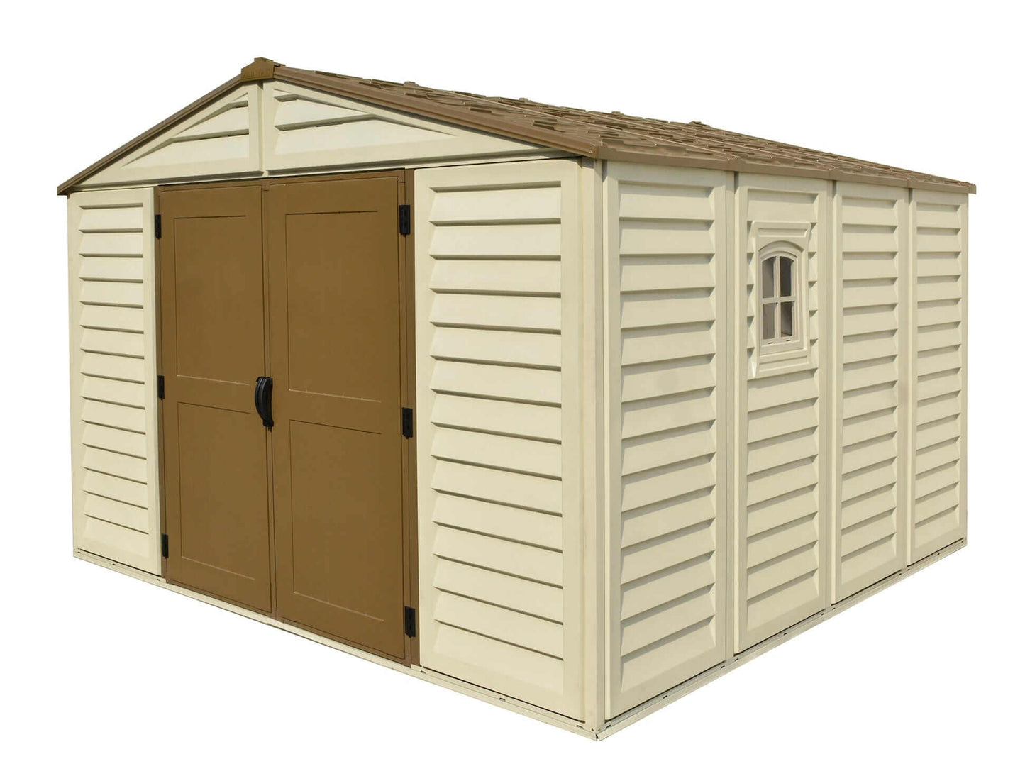 Duramax Vinyl Shed 10.5x10 Woodbridge Plus with foundation, featuring double doors and a slanted roof.
