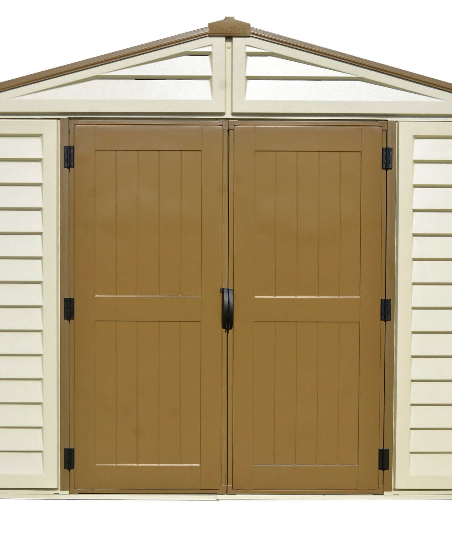 Duramax Vinyl Shed 10.5x10 Woodbridge Plus with double doors and a modern design.