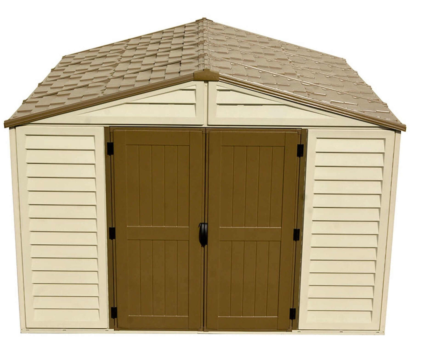 Duramax Vinyl Shed 10.5x10 Woodbridge Plus with brown doors and a sloped roof, perfect for outdoor storage.