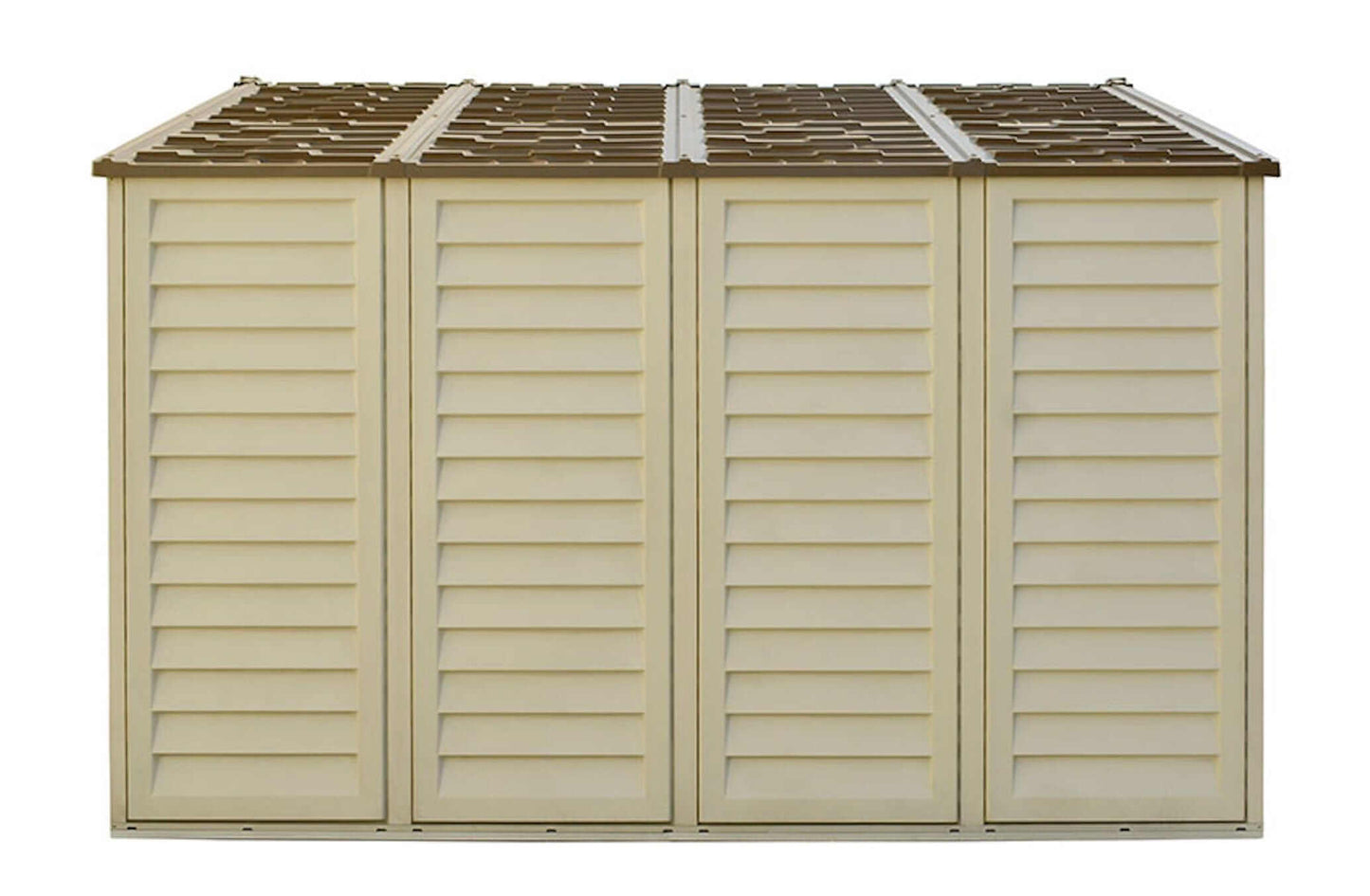 Duramax Vinyl Shed 10.5x10 Woodbridge Plus with foundation, side view showcasing durable panels and roof.