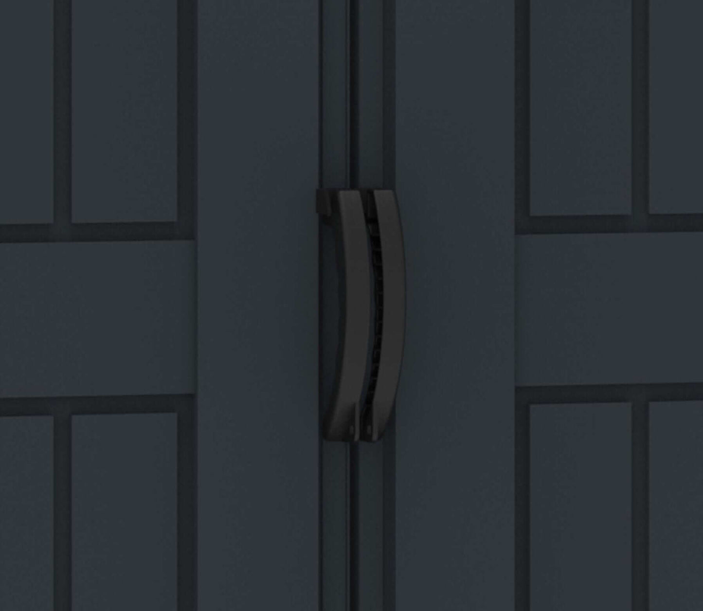 Close-up of the black handle on Duramax Vinyl Shed 5x5 YardMate Plus doors.