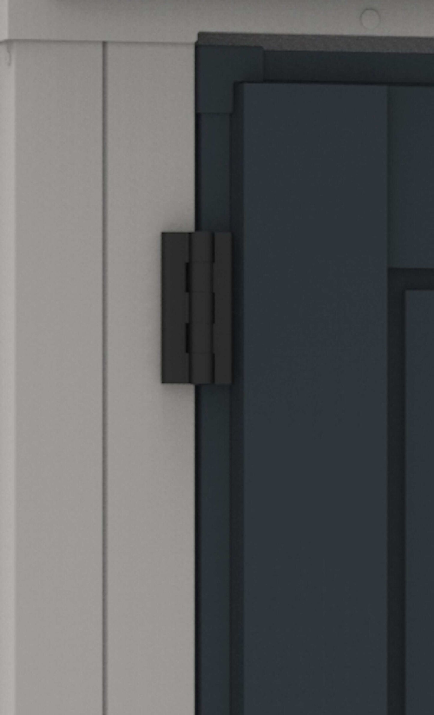 Close-up of a black hinge on a Duramax vinyl shed door, showcasing sturdy construction.