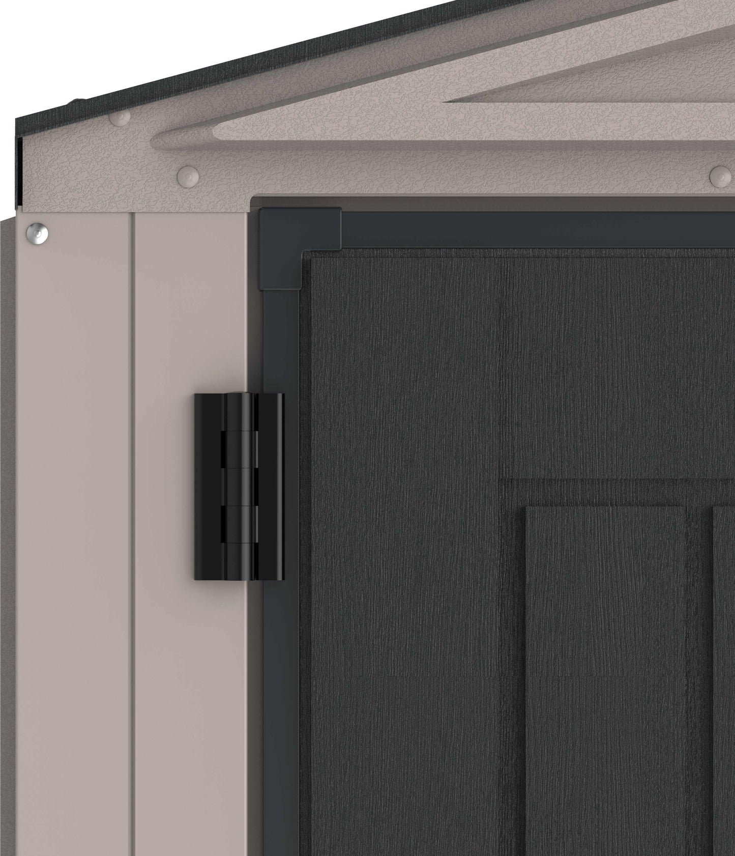 Close-up of Duramax Vinyl Shed door hinge showcasing durable construction and design.