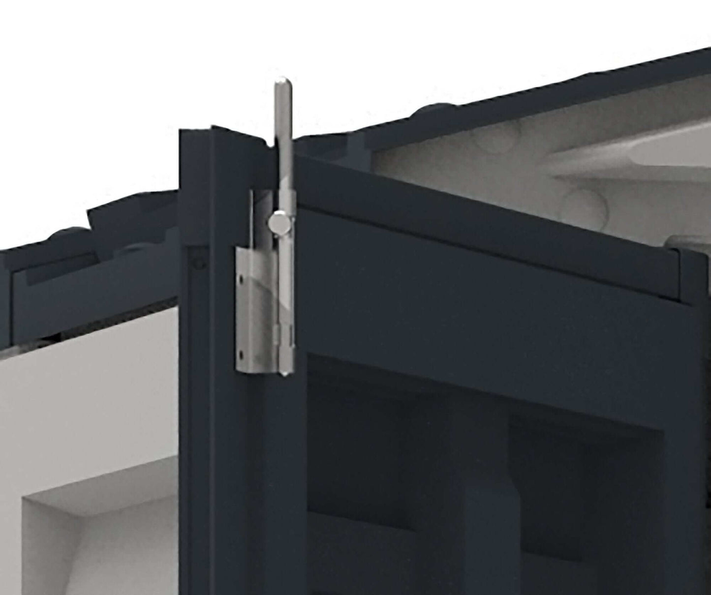 Close-up of the secure locking mechanism on Duramax Vinyl Shed door for enhanced storage safety.