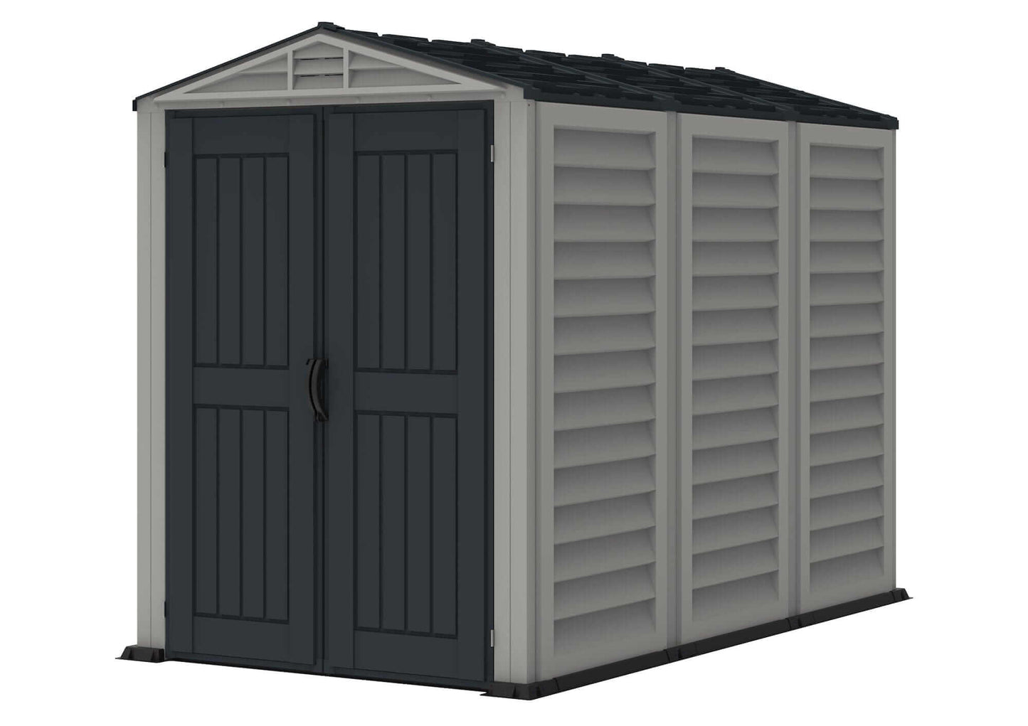 Duramax Vinyl Shed 5x8 YardMate Plus with floor, showcasing sturdy design and stylish exterior for outdoor storage.