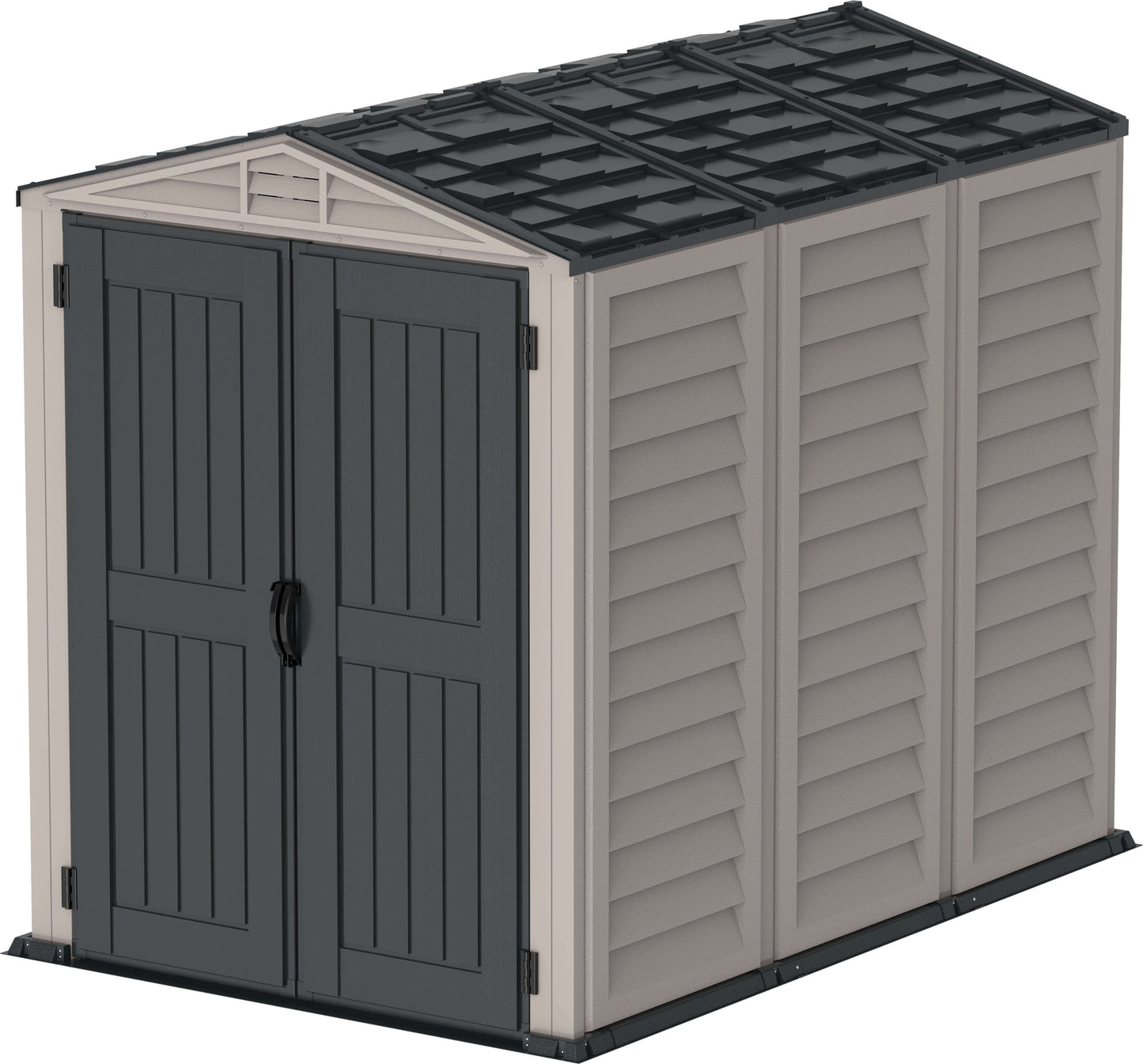 Duramax Vinyl Shed 5x8 YardMate Plus with double doors and sloped roof, perfect for outdoor storage.
