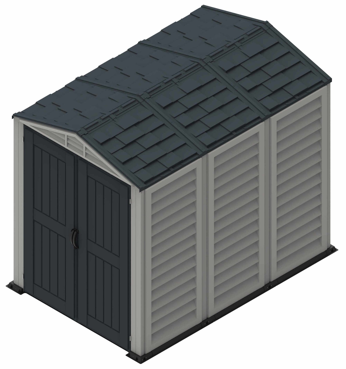 Duramax Vinyl Shed 5x8 YardMate Plus with floor, stylish storage solution for outdoor spaces.