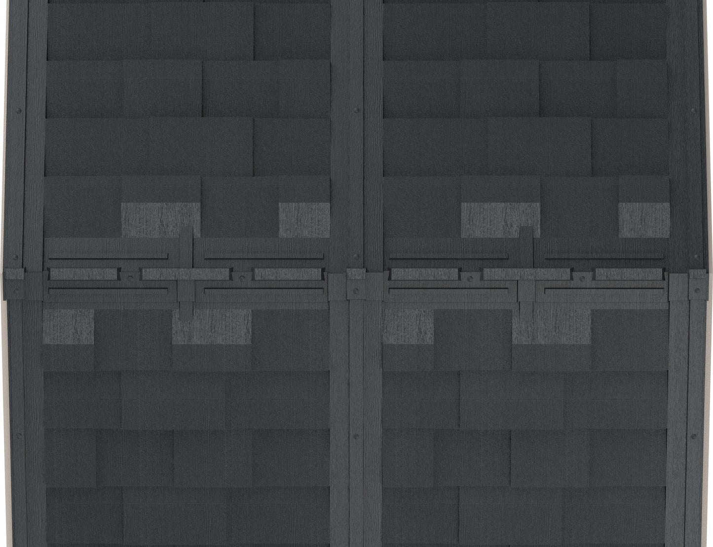 Top view of Duramax vinyl shed roofing with interlocking shingles in a dark color.