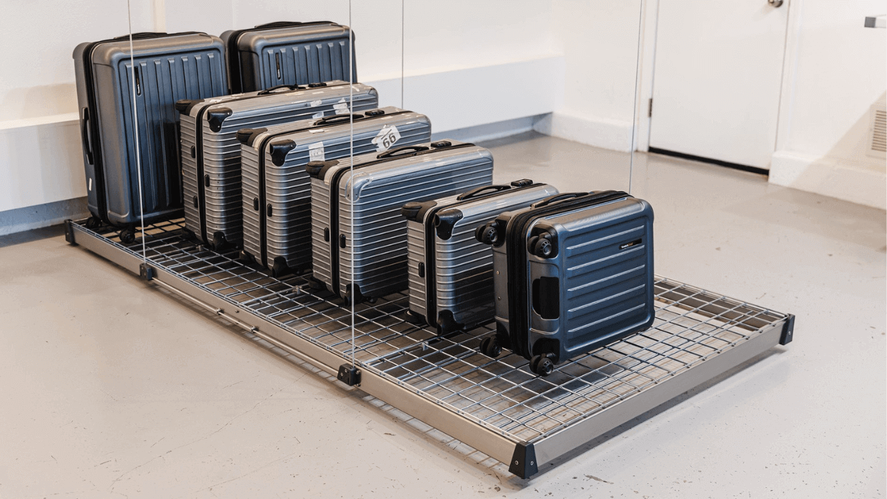 A neat display of various black and silver luggage suitcases arranged on a wire rack.