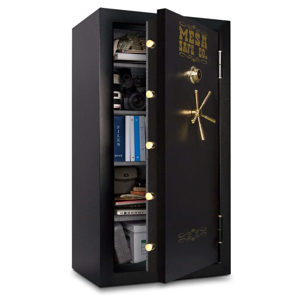 Mesa Constitution Safe MBF6032C-P with an open door showing secure storage for valuables and documents.