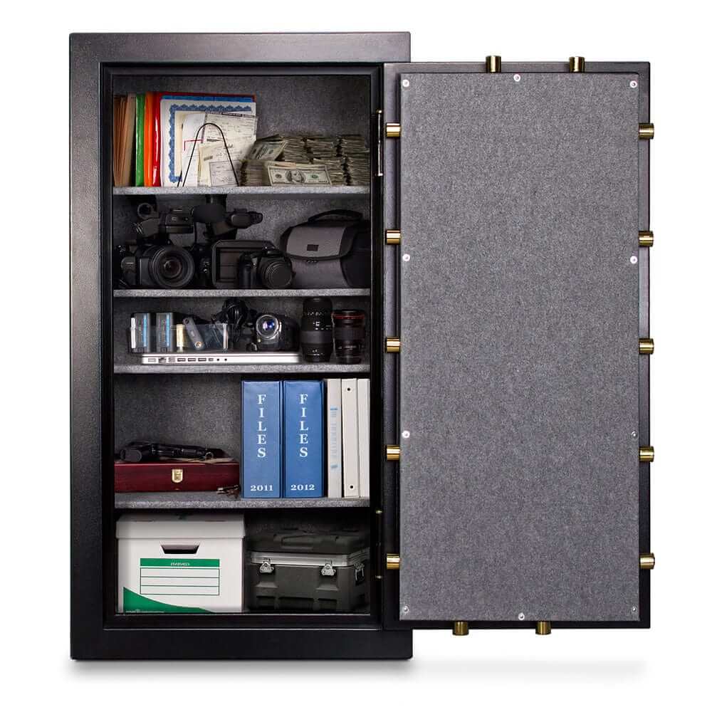 Open Mesa Constitution Safe MBF6032C-P showcasing all steel construction with valuables and documents organized on multiple shelves.