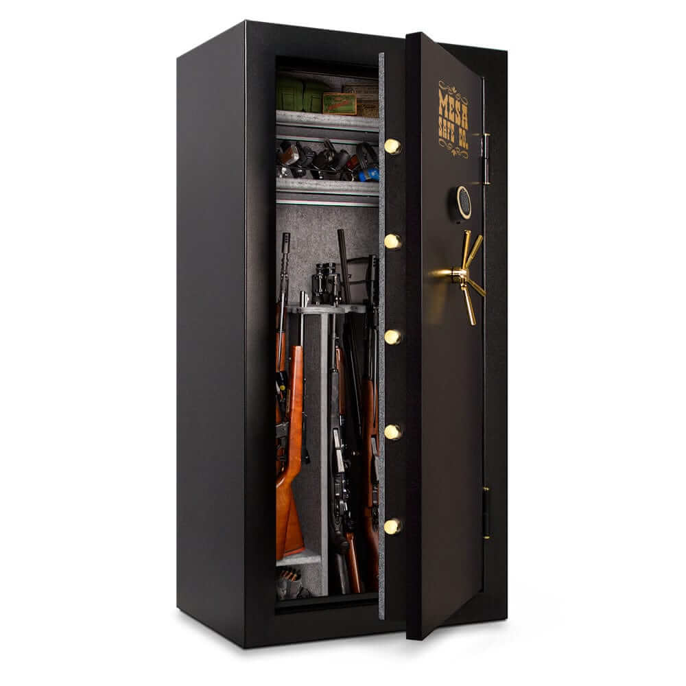 Mesa Gun Safe with 42 gun capacity, all steel construction and electronic lock, showcasing firearms securely stored inside.