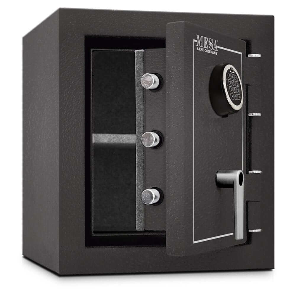 Mesa Safe MBF1512E electronic lock burglary and fire safe, 1.7 cu. ft. storage, black exterior design.