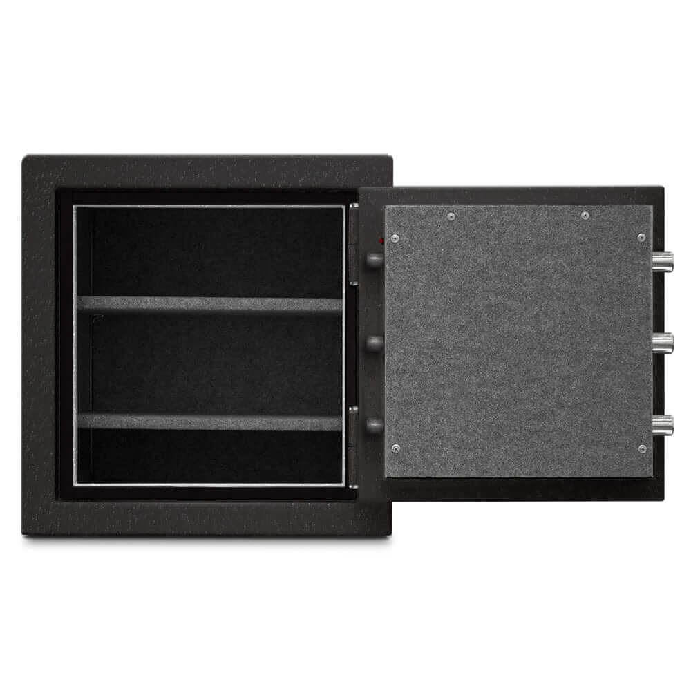 Interior view of Mesa Safe 2-Hour Burglary & Fire Safe MBF2020C with combination lock, featuring shelves and gray interior.