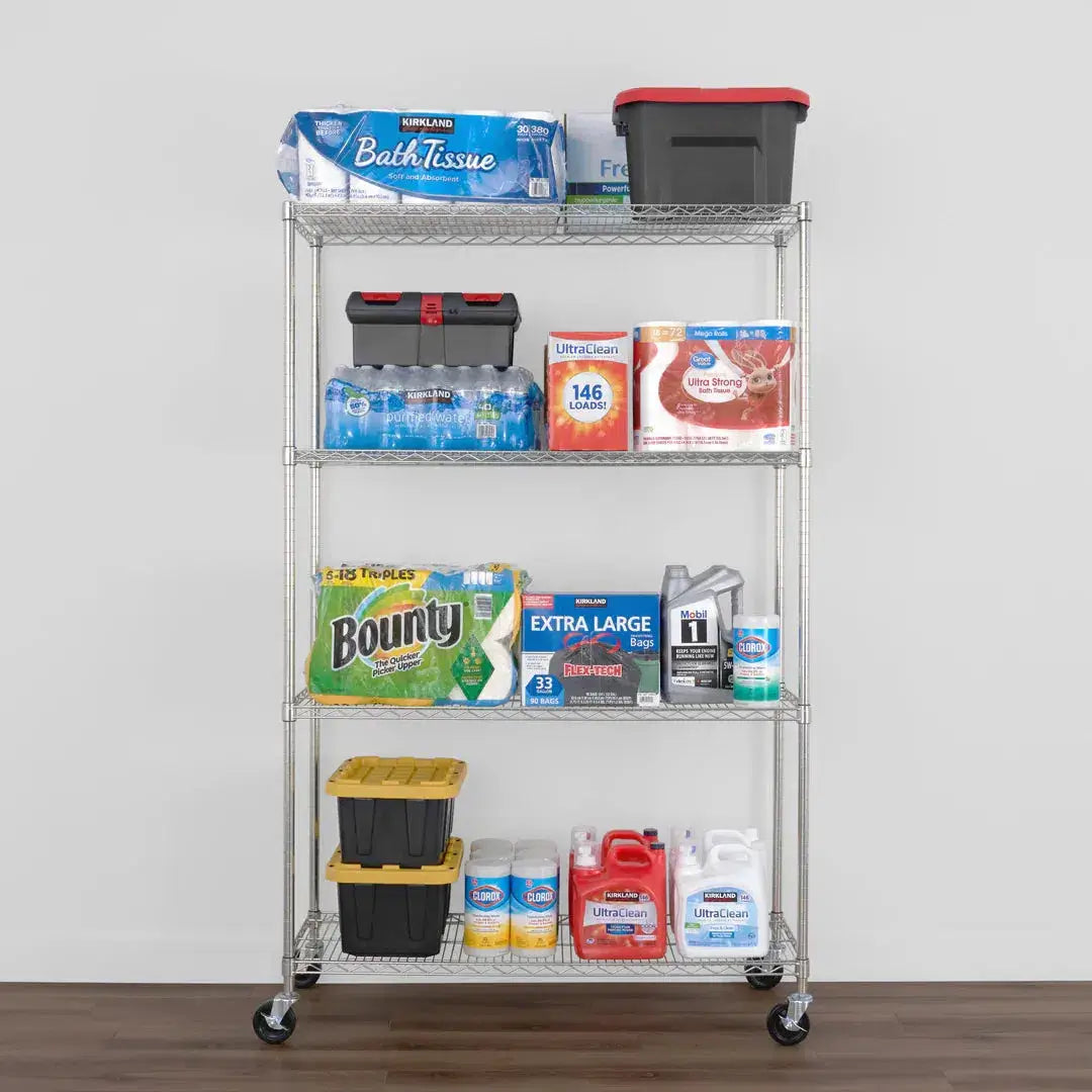 SafeRacks 4-tier wire rack displaying a variety of organized household supplies and storage containers.