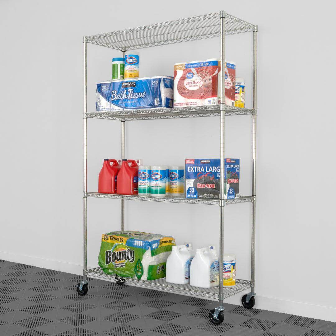 4-tier SafeRacks wire rack with adjustable shelves, filled with storage items in a garage setting.