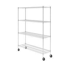 SafeRacks 4-tier wire rack with adjustable shelves and wheels for easy mobility and storage organization.