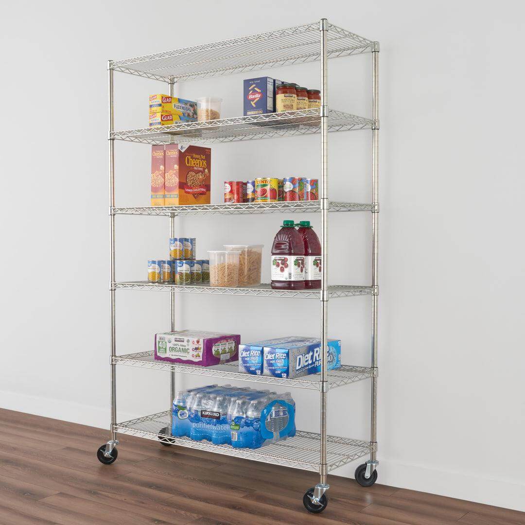 SafeRacks 6-tier wire rack with adjustable shelves storing boxes and beverages, ideal for kitchens and garages.