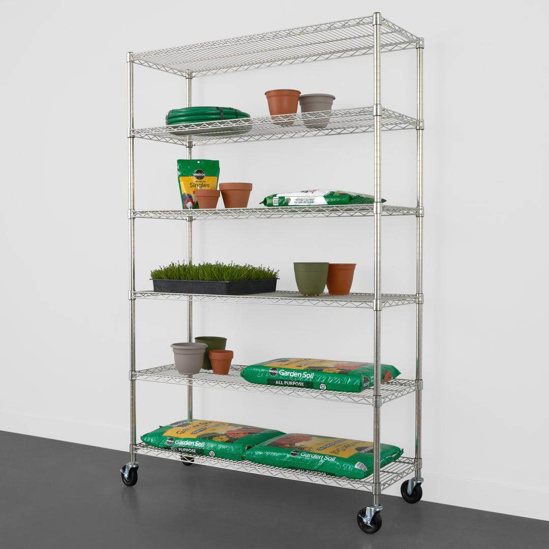 SafeRacks 6-tier wire rack with adjustable shelves, perfect for organizing garden supplies and pots.