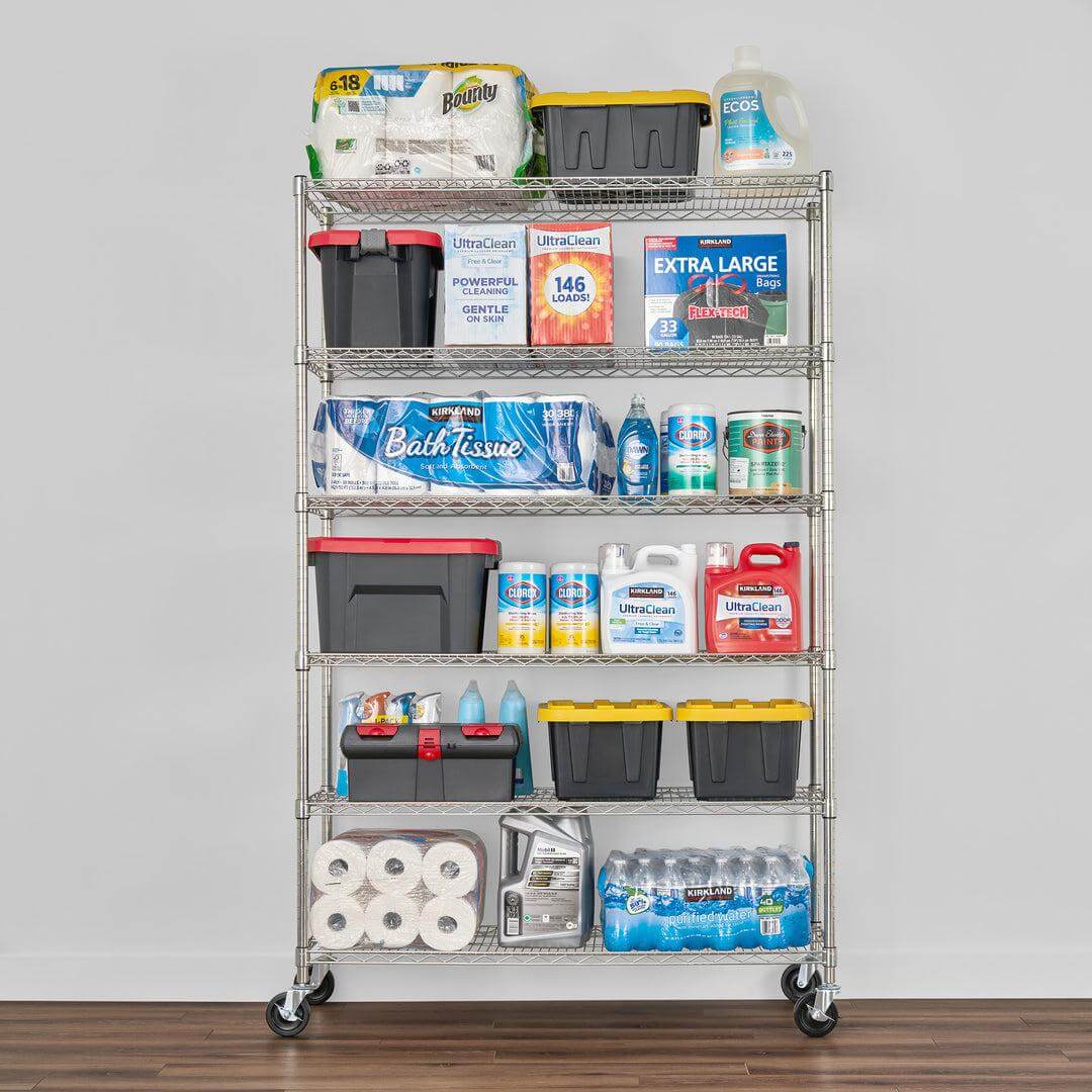 SafeRacks 18x48x72 6-tier wire rack with various storage bins and supplies organized on shelves.