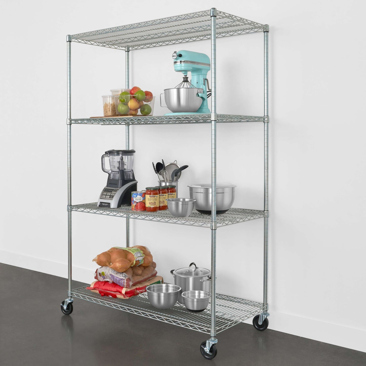 SafeRacks 24x48x72 4-Tier Wire Rack showcasing organized kitchen appliances and food items.
