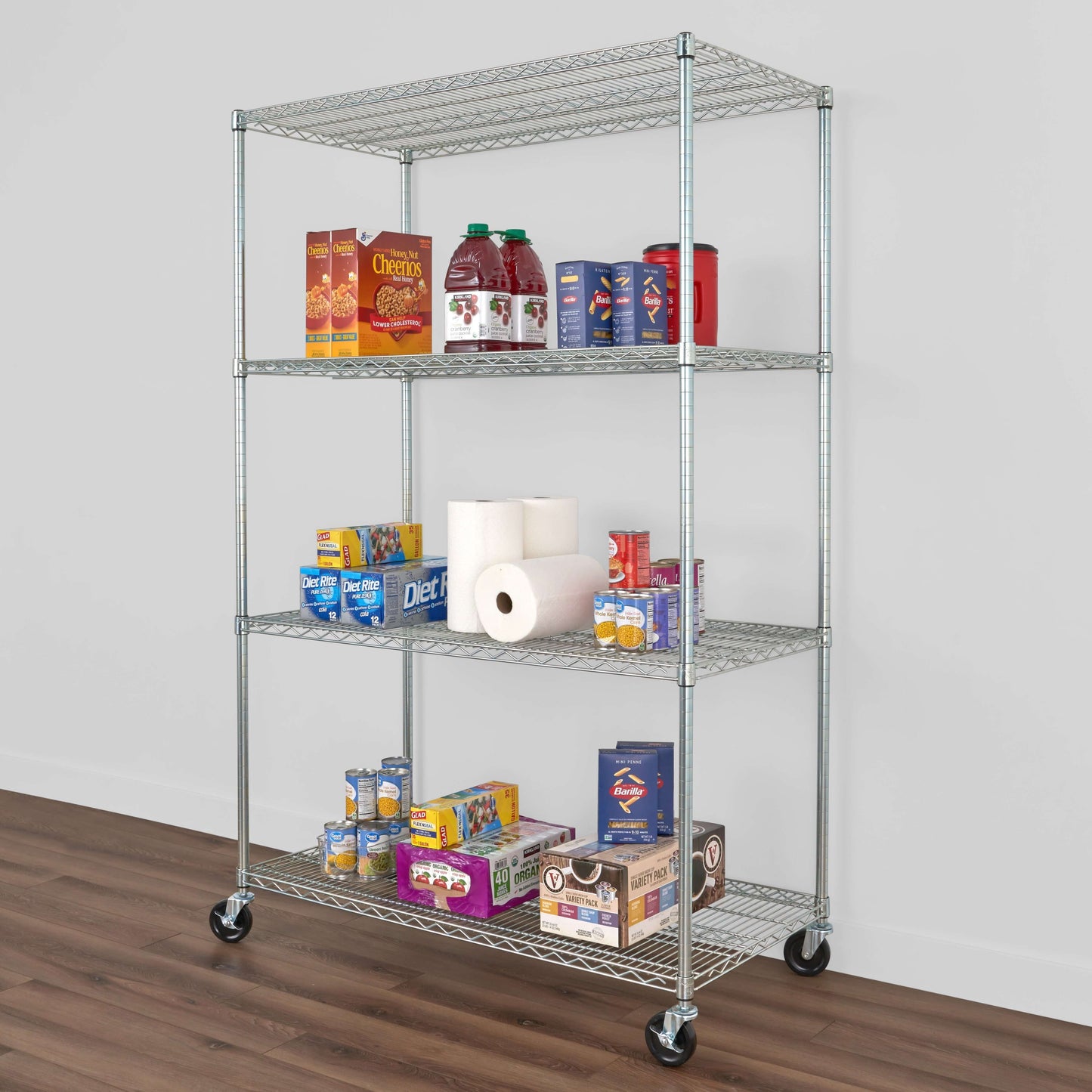 SafeRacks 24" x 48" x 72" 4-tier wire rack with various food items organized and easy access.