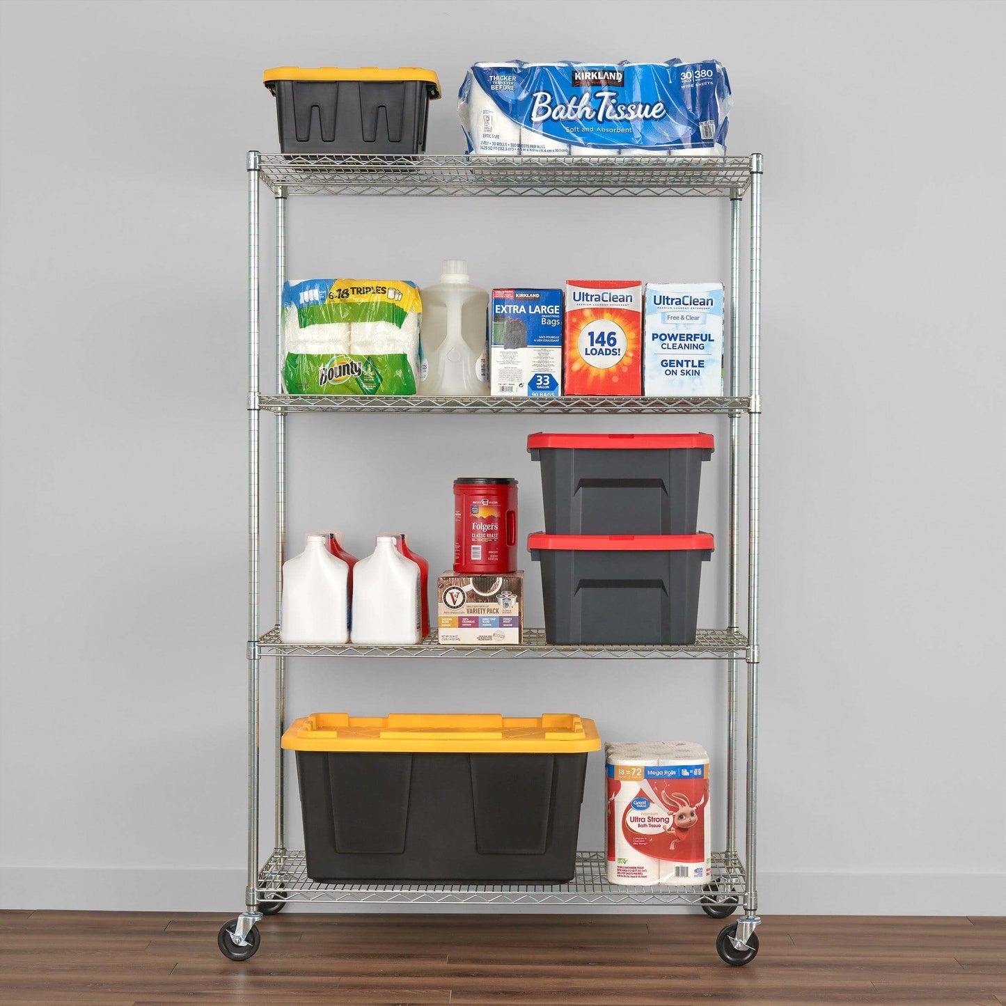 4-tier wire rack storage solution showing organized items like bins and cleaning supplies on adjustable shelves.