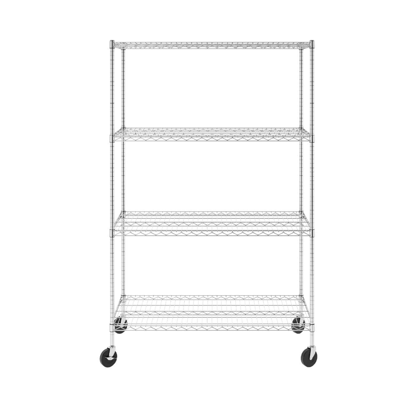 SafeRacks 24" x 48" x 72" 4-tier wire rack with adjustable shelves and wheels for versatile storage.