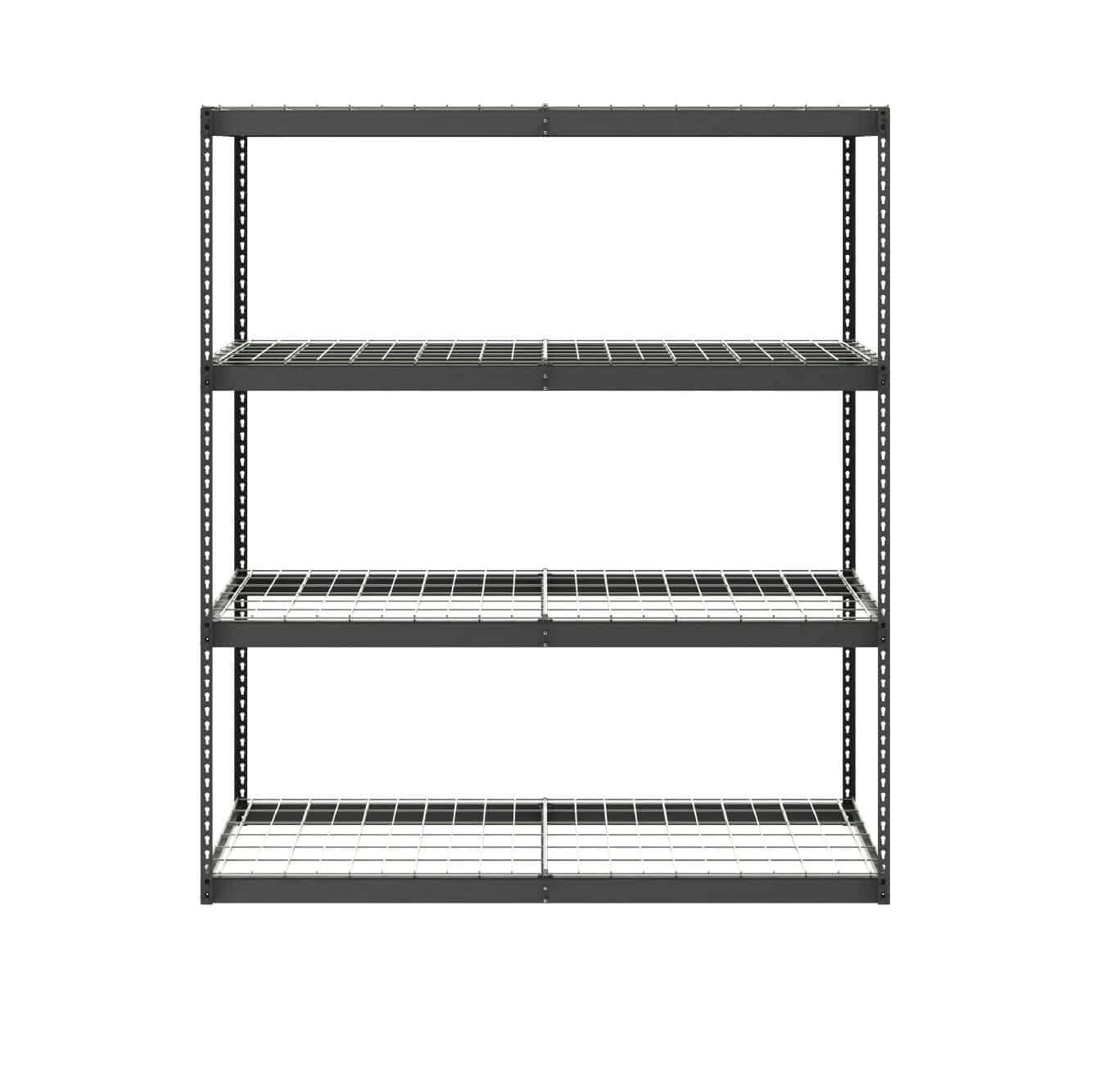 Heavy-duty garage shelving unit with four adjustable steel shelves for optimal storage and organization.