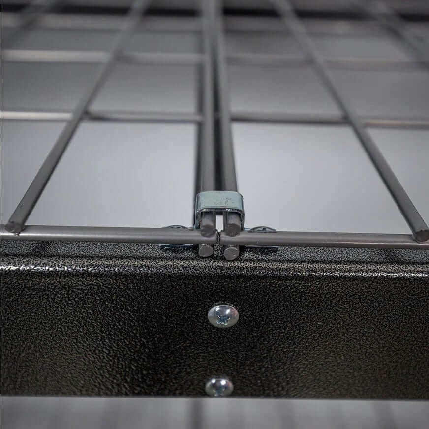 Close-up view of SafeRacks heavy-duty shelving rack with durable wire shelves and steel construction.