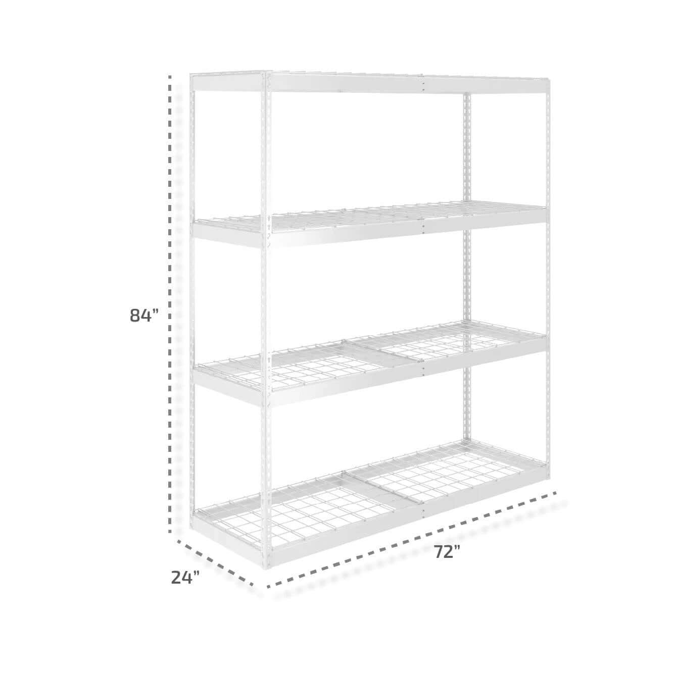 Heavy-duty garage shelving rack measuring 24" x 72" x 84" with four adjustable shelves for maximum storage.