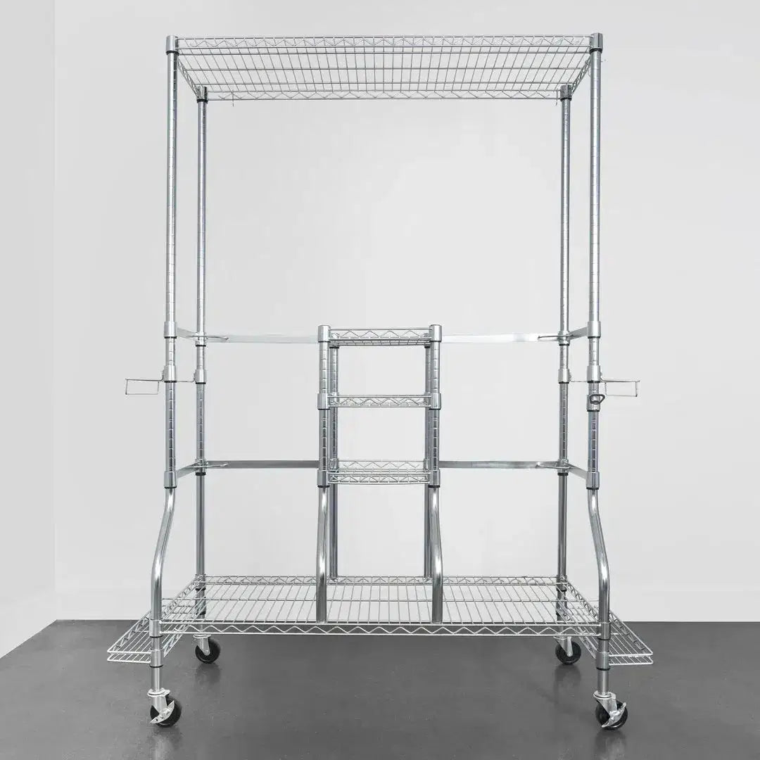 SafeRacks golf bag organizer with metal framework, ideal for storing two tour-sized golf bags and accessories.