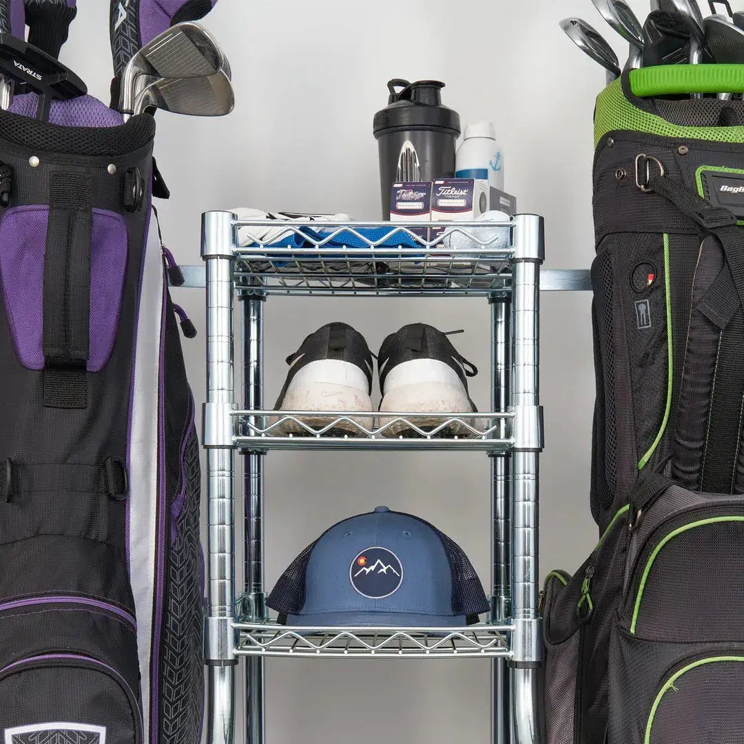 SafeRacks golf bag organizer storing golf bags, shoes, and accessories; efficient golf storage solution.
