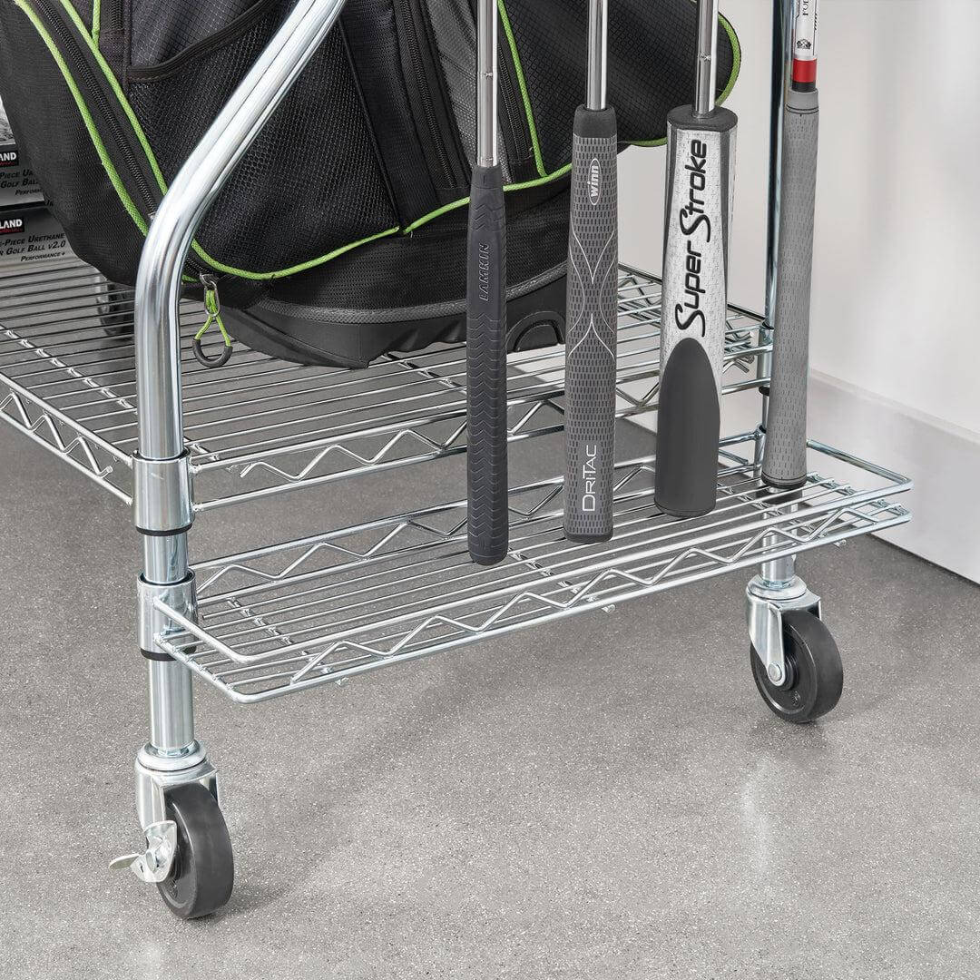 SafeRacks golf bag organizer with clubs and accessories on a rolling shelf for tidy golf equipment storage.